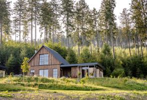 Unsere Bergchalets im Bergdorf LiebesGrün Außenansicht Bergchalet mit Wiese im Vordergrund