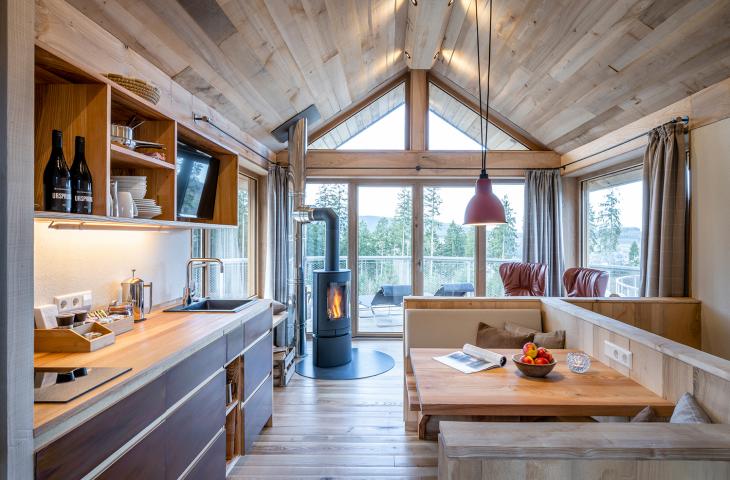 Einblick in Wohnbereich der Nester mit Kamin, einer Sitzecke und Sesseln