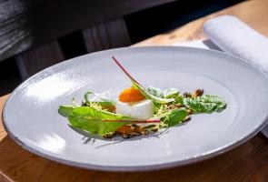 Slow Food Vorspeise mit regionalen Ziegenfrischkäse, Kürbis und Salat