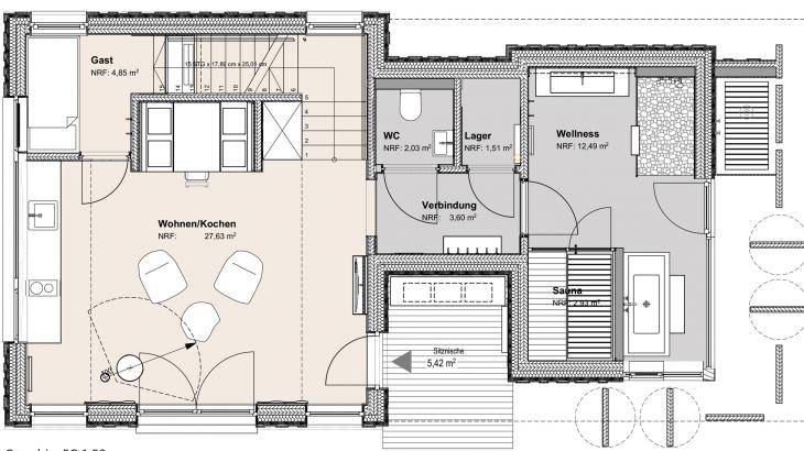 Grundriss unseres Bergchalet im Erdgeschoss Grundriss Bergchalet mit Wohnbereich Schlafbereich und Wellnessbad